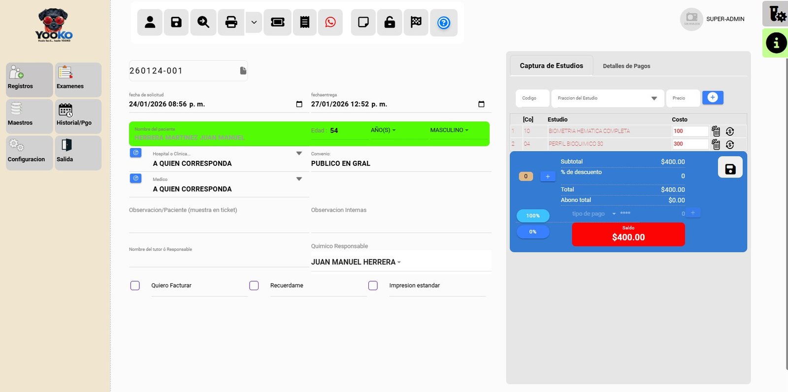 Panel de registro de pacientes en software de laboratorio YooKo